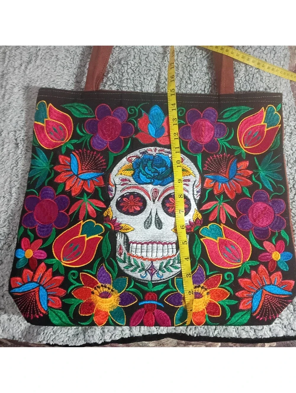 Colorful Embroidered Tote Bag with Floral and Skull Design